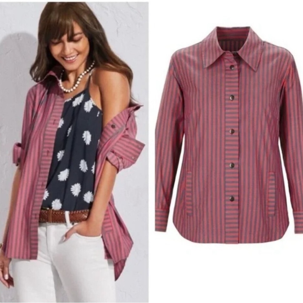 CAbi Pink and Gray Striped‎ Regatta Shacket